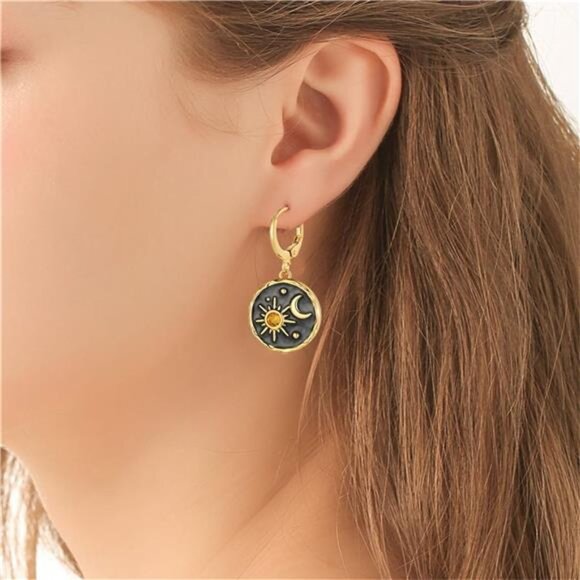 Vintage Sun & Moon Hoop Earrings | Boho Celestial Coin Dangle Jewelry - Picture 2 of 4
